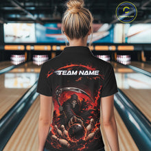 Load image into Gallery viewer, Back view of a female model wearing a black and red bowling polo shirt featuring a grim reaper commanding a blazing bowling ball crashing into scattered pins through swirling flames in a bowling lane.
