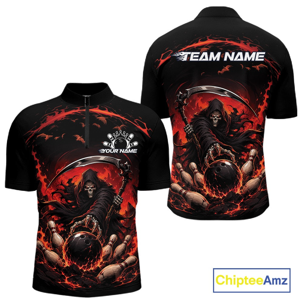 Front and back view of a men's bowling quarter zip shirt mockup featuring a grim reaper commanding a blazing bowling ball crashing through scattered pins amid swirling flames on a black and red shirt.