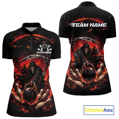Front and back view of a women's bowling quarter zip mockup featuring a grim reaper reaching through swirling flames to command a blazing bowling ball crashing into scattered pins on a black and red shirt.