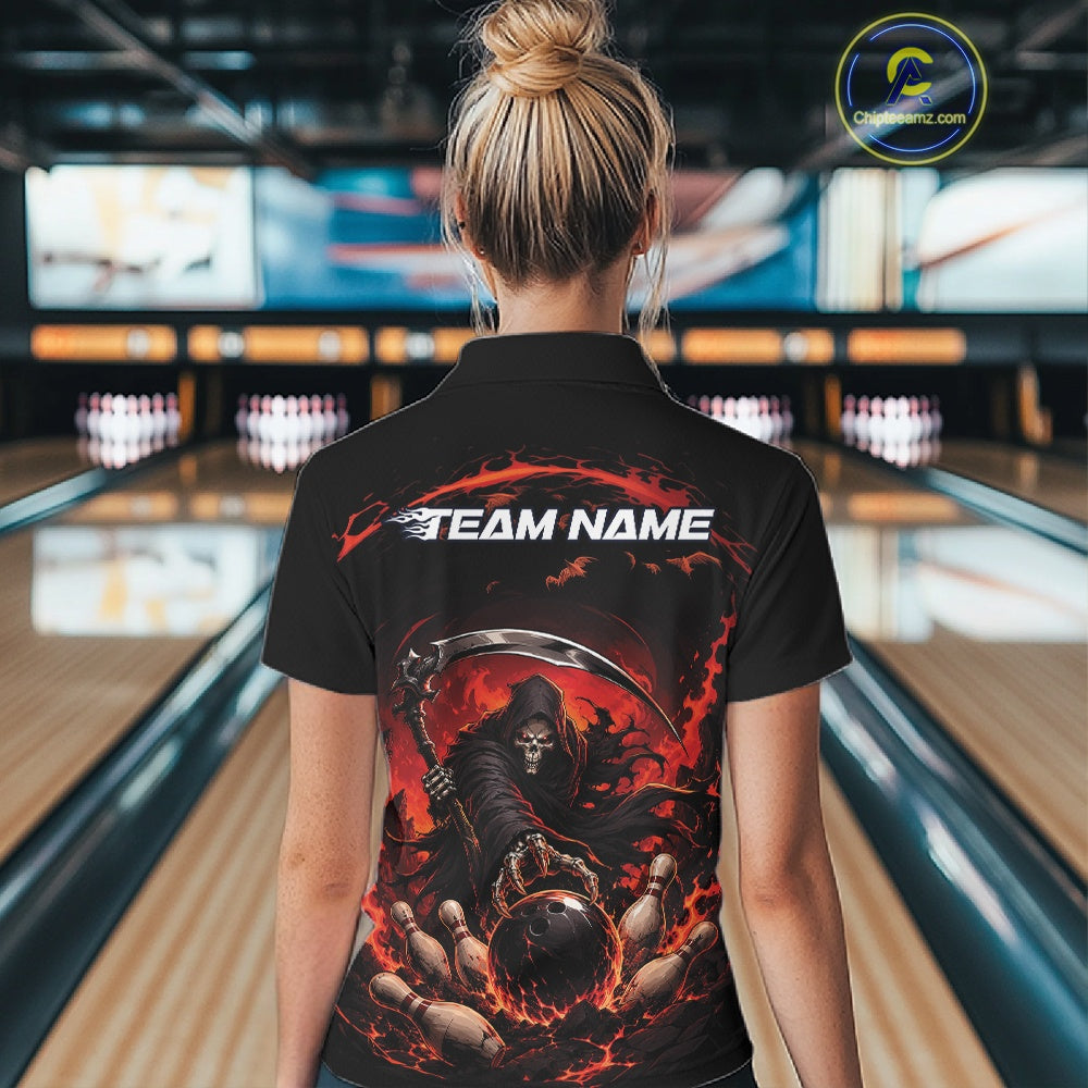 Back view of a female model wearing a black and red bowling quarter zip shirt featuring a grim reaper commanding a blazing bowling ball crashing through scattered pins amid swirling flames in a bowling lane.