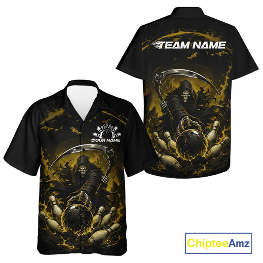 Front and back view of a button-up bowling shirt mockup featuring a grim reaper commanding a blazing bowling ball crashing into scattered pins through swirling flames on a black and yellow shirt.