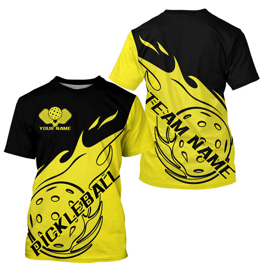 Black And Yellow Fire Pickleball Ball Custom Flame Pickleball T-Shirts For Men, Pickleball Team Shirt Outfit IPHW7779