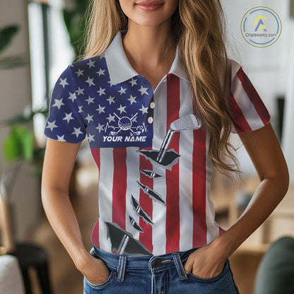 Custom US Flag Golf Club Patriotic Golf Team Shirt For Women, American Golfer Outfits IPHW10579