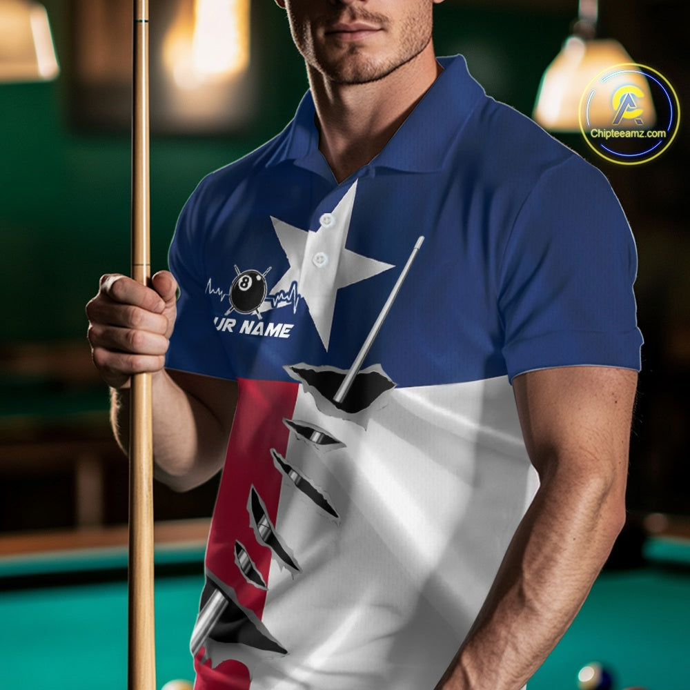 Custom Texas State Flag Silver Billiard Cue Patriotic Billiard 8 Ball Shirts For Men IPHW10587