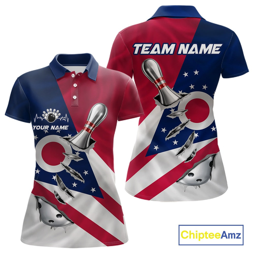 Custom Ohio State Flag Silver Bowling Ball And Pin Patriotic Bowling Shirts For Women IPHW10590