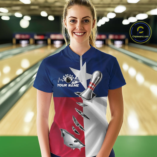 Custom Texas State Flag Silver Bowling Ball And Pin Patriotic Bowling Shirts For Women IPHW10592