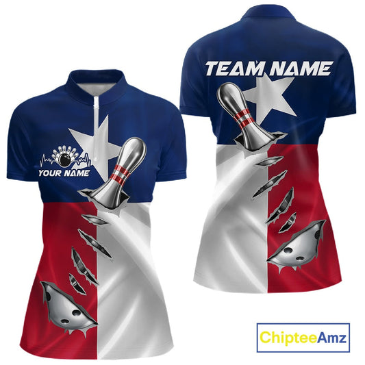 Custom Texas State Flag Silver Bowling Ball And Pin Patriotic Bowling Shirts For Women IPHW10592