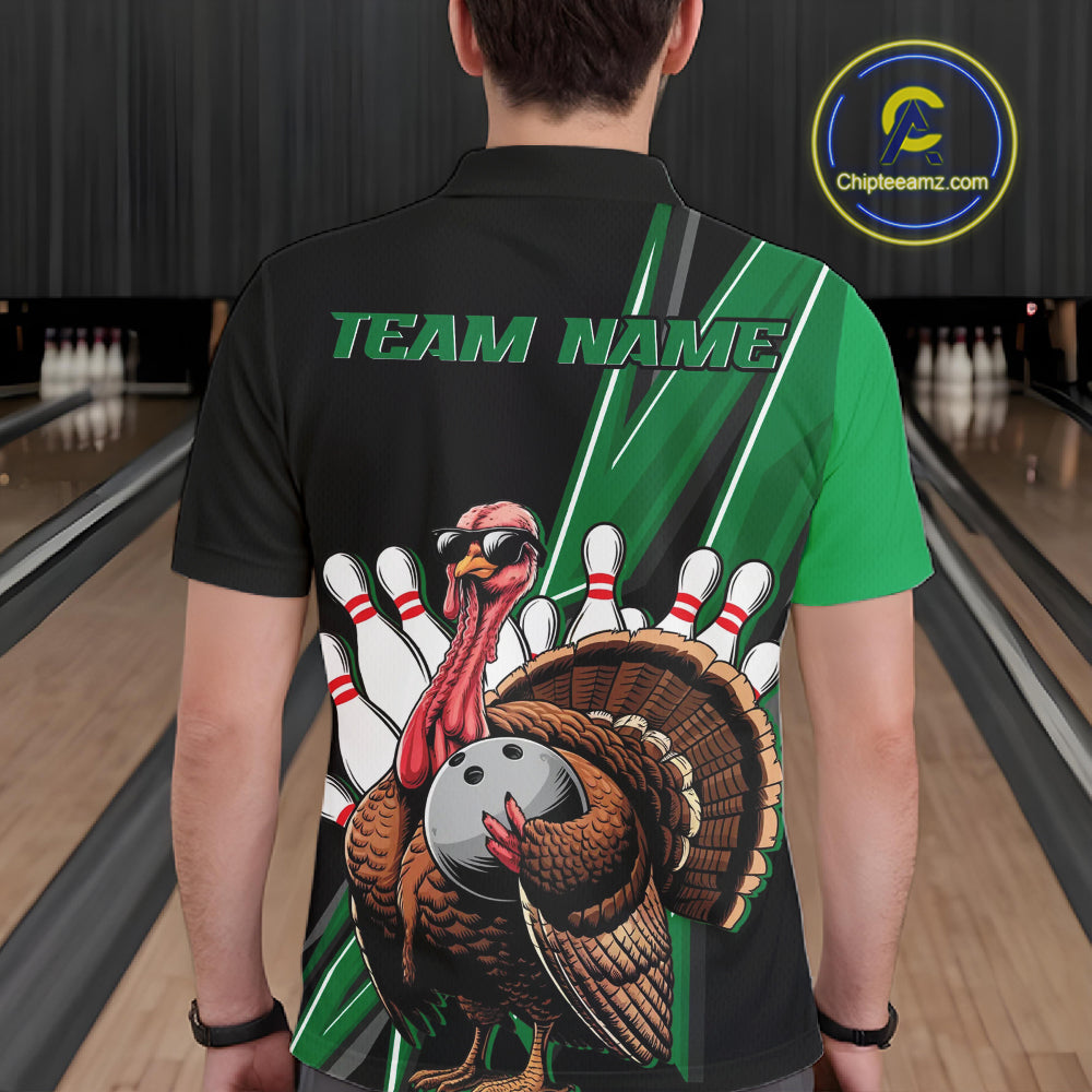 Black And Green Custom Funny Turkey Bowling Men Shirts, Bowling League Team Shirt IPHW10801