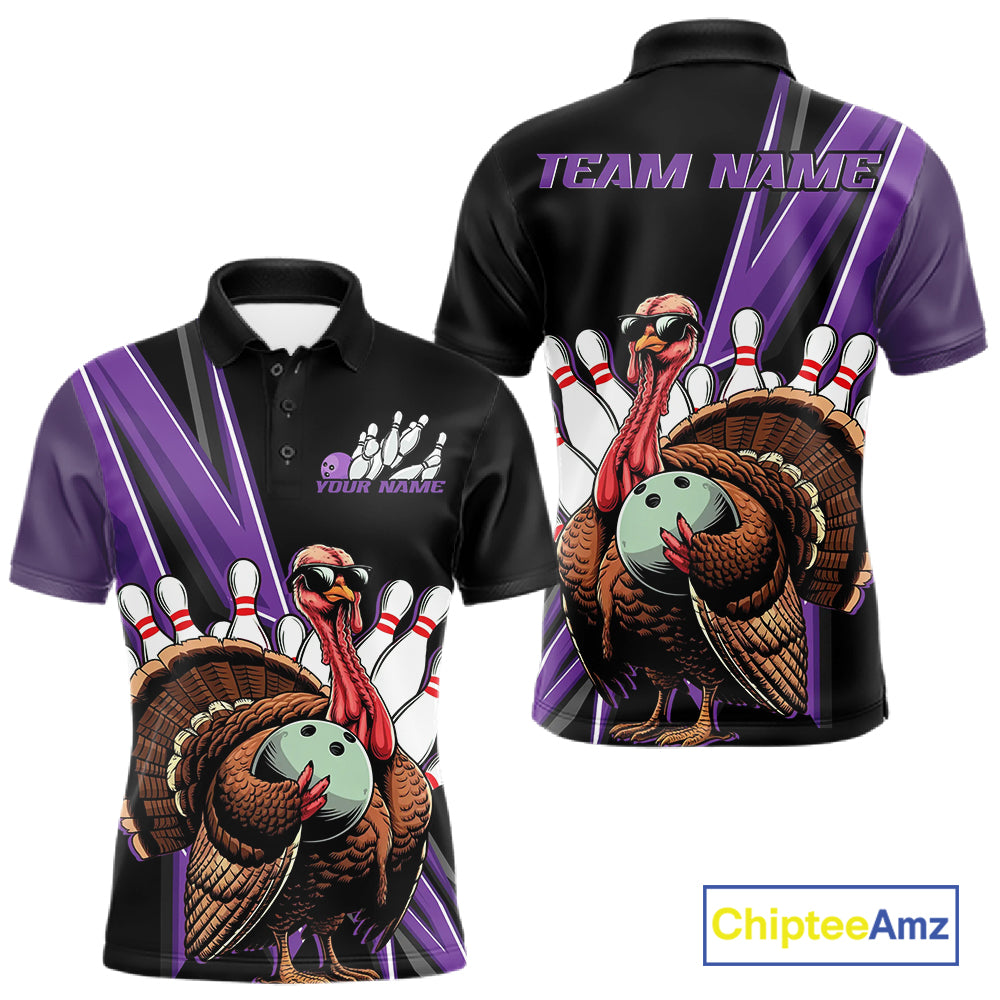 Black And Purple Custom Funny Turkey Bowling Men Shirts, Bowling League Team Shirt IPHW10802
