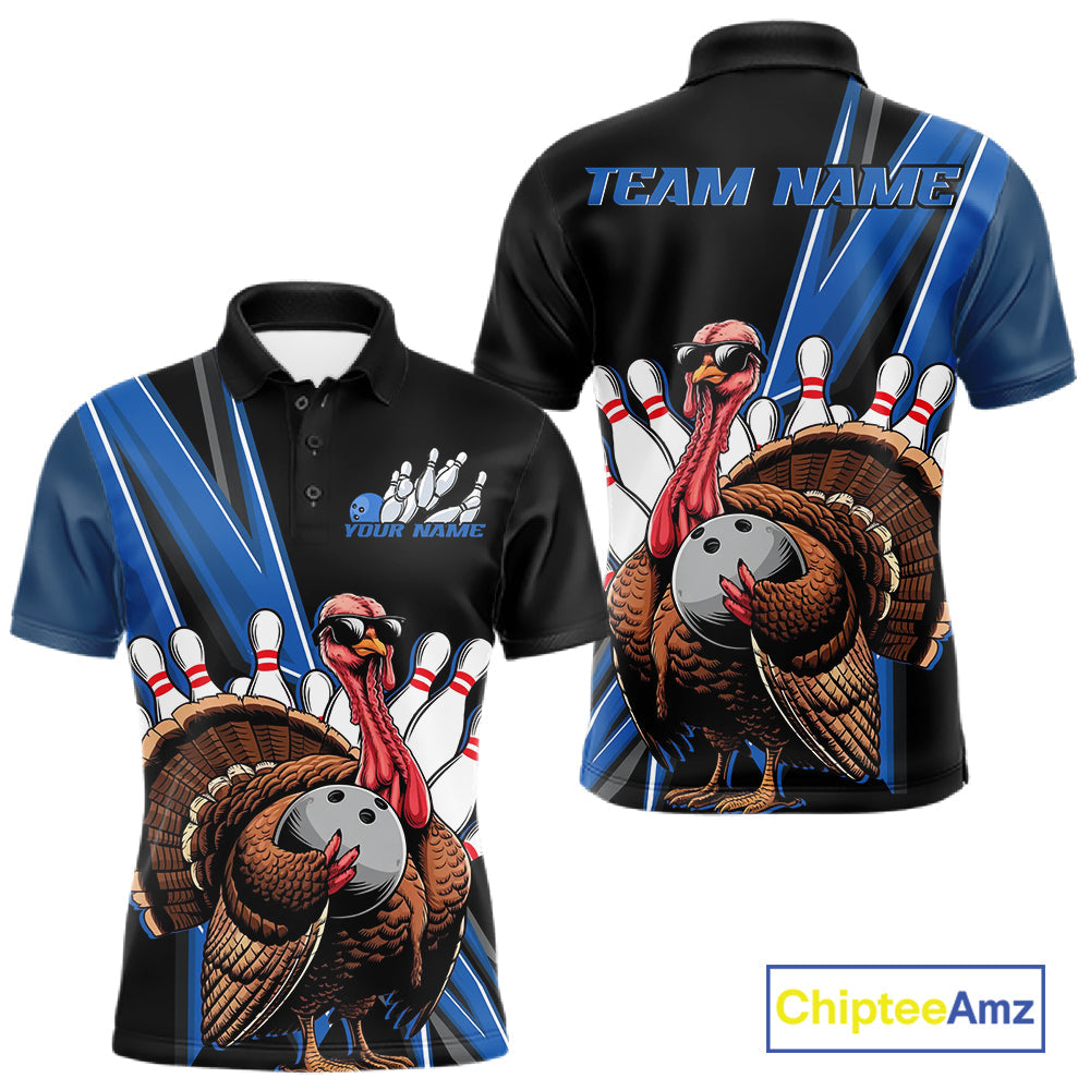Black And Blue Custom Funny Turkey Bowling Men Shirts, Bowling League Team Shirt IPHW10804