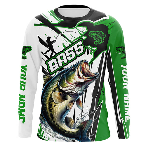 Largemouth Bass Custom Long Sleeve Tournament Fishing Shirts, Bass Fishing Jerseys | Green IPHW6213