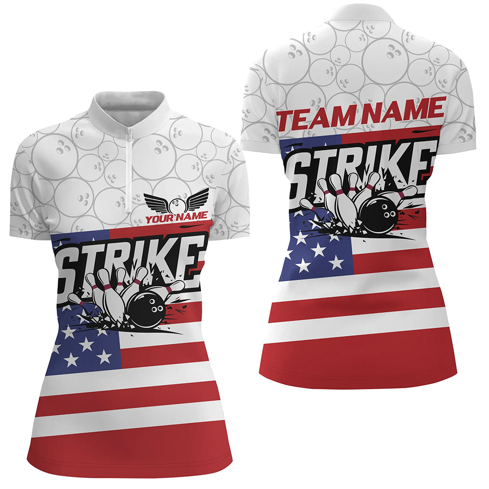 Custom American Flag Strike Bowling Shirts For Women, Patriotic Bowling League Jerseys IPHW6695