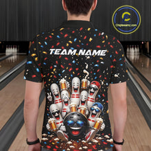 Load image into Gallery viewer, Back view of a male model wearing a bowling polo shirt featuring funny cartoon bowling balls and animated pins raising frothy beer mugs beneath falling confetti in a bowling lane.