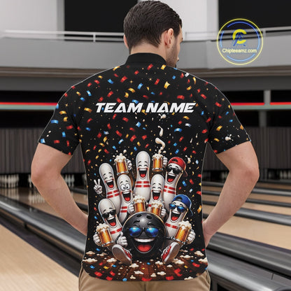 Front view of a male model wearing a bowling quarter zip shirt featuring funny cartoon bowling balls and animated pins raising frothy beer mugs beneath falling confetti in a bowling lane.