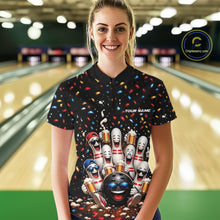 Load image into Gallery viewer, Front view of a female model wearing a bowling quarter zip shirt showcasing funny cartoon bowling balls and animated pins raising frothy beer mugs beneath falling confetti in a bowling lane.