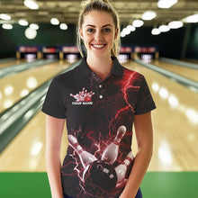 Load image into Gallery viewer, Custom Black And Red Thunder Lightning Bowling Tournament Polo Shirts For Women IPHW8521