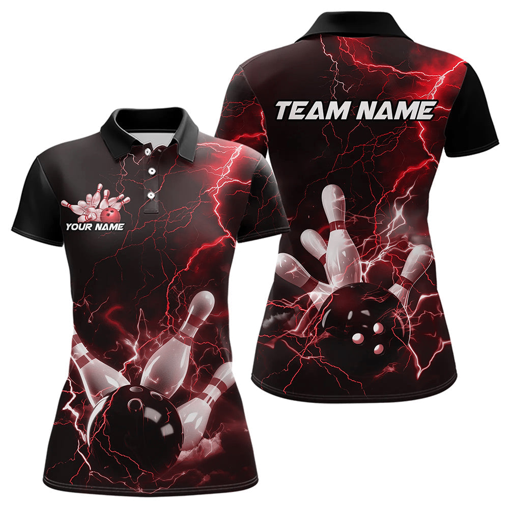 Custom Black And Red Thunder Lightning Bowling Tournament Polo Shirts For Women IPHW8521