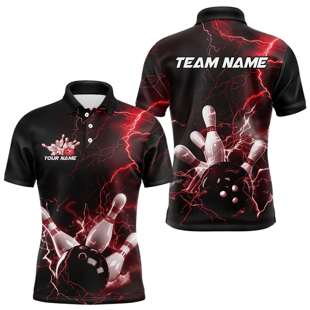 Custom Black And Red Thunder Lightning Bowling Tournament Polo Shirts For Men IPHW8521