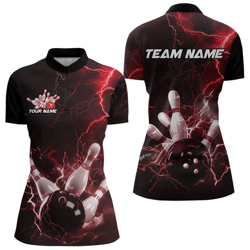 Custom Black And Red Thunder Lightning Bowling Tournament Quarter-Zip Shirts For Women IPHW8521