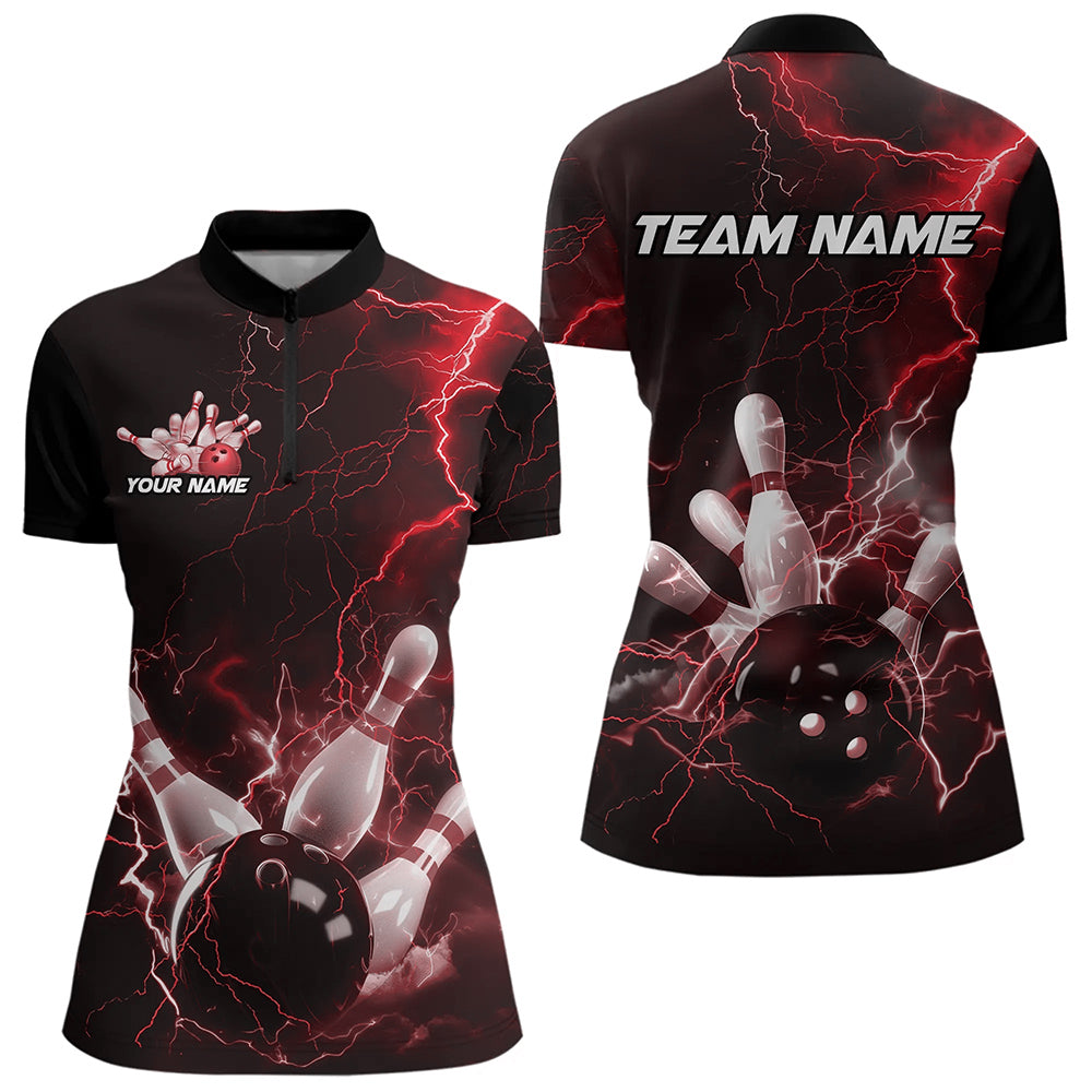 Custom Black And Red Thunder Lightning Bowling Tournament Quarter-Zip Shirts For Women IPHW8521