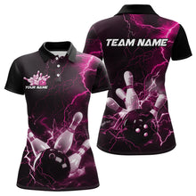 Load image into Gallery viewer, Custom Black And Pink Thunder Lightning Bowling Tournament Polo Shirts For Women IPHW8523