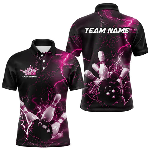 Custom Black And Pink Thunder Lightning Bowling Tournament Polo Shirts For Men IPHW8523