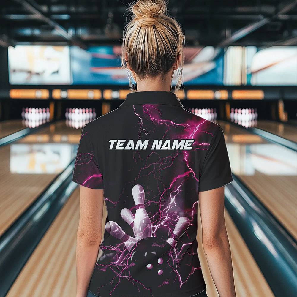 Custom Black And Pink Thunder Lightning Bowling Tournament Quarter-Zip Shirts For Women IPHW8523