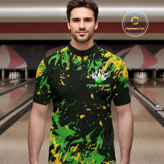 Custom Green And Yellow Camo Men Bowling League Shirt, Bowlers Jerseys Tournament Outfit IPHW10620