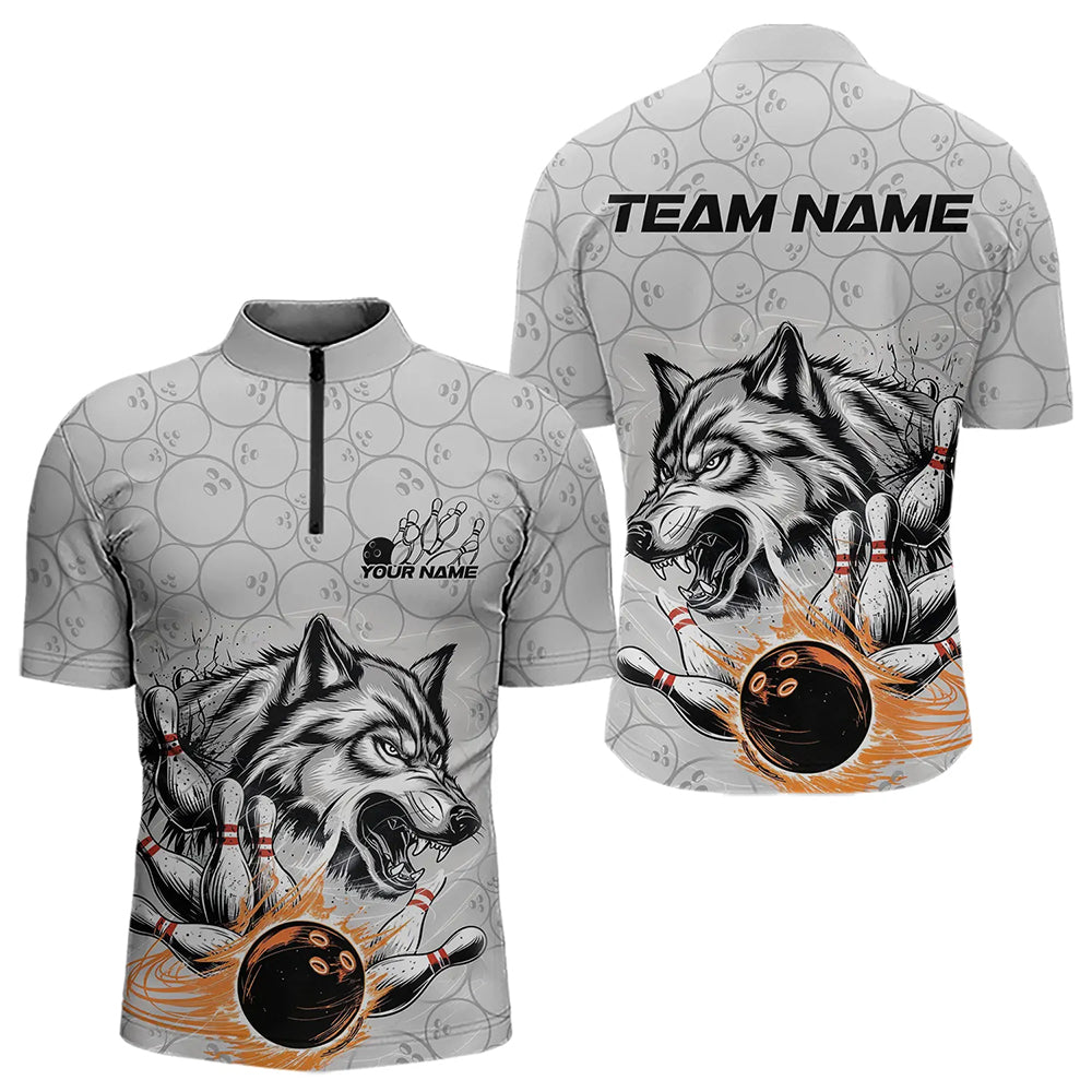 Custom Gray And Red Wolf Bowling Quarter-Zip Shirts For Men, Wolf Bowling Tournament Shirt IPHW8717