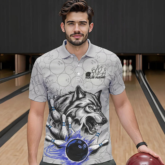 Custom Gray And Blue Wolf Bowling Polo Shirts For Men, Wolf Bowling Tournament Shirt IPHW8718