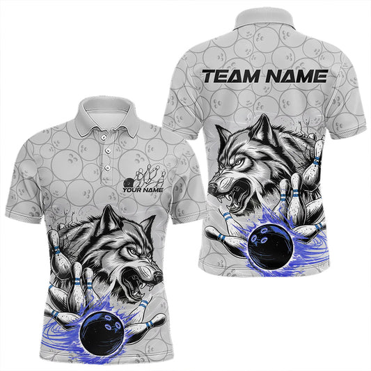 Custom Gray And Blue Wolf Bowling Polo Shirts For Men, Wolf Bowling Tournament Shirt IPHW8718