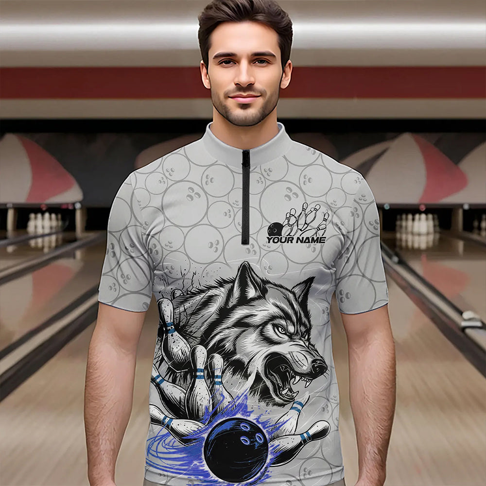 Custom Gray And Blue Wolf Bowling Quarter-Zip Shirts For Men, Wolf Bowling Tournament Shirt IPHW8718