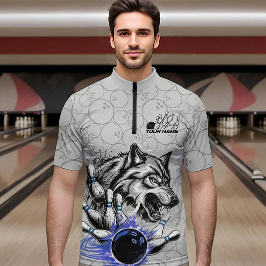 Custom Gray And Blue Wolf Bowling Quarter-Zip Shirts For Men, Wolf Bowling Tournament Shirt IPHW8718