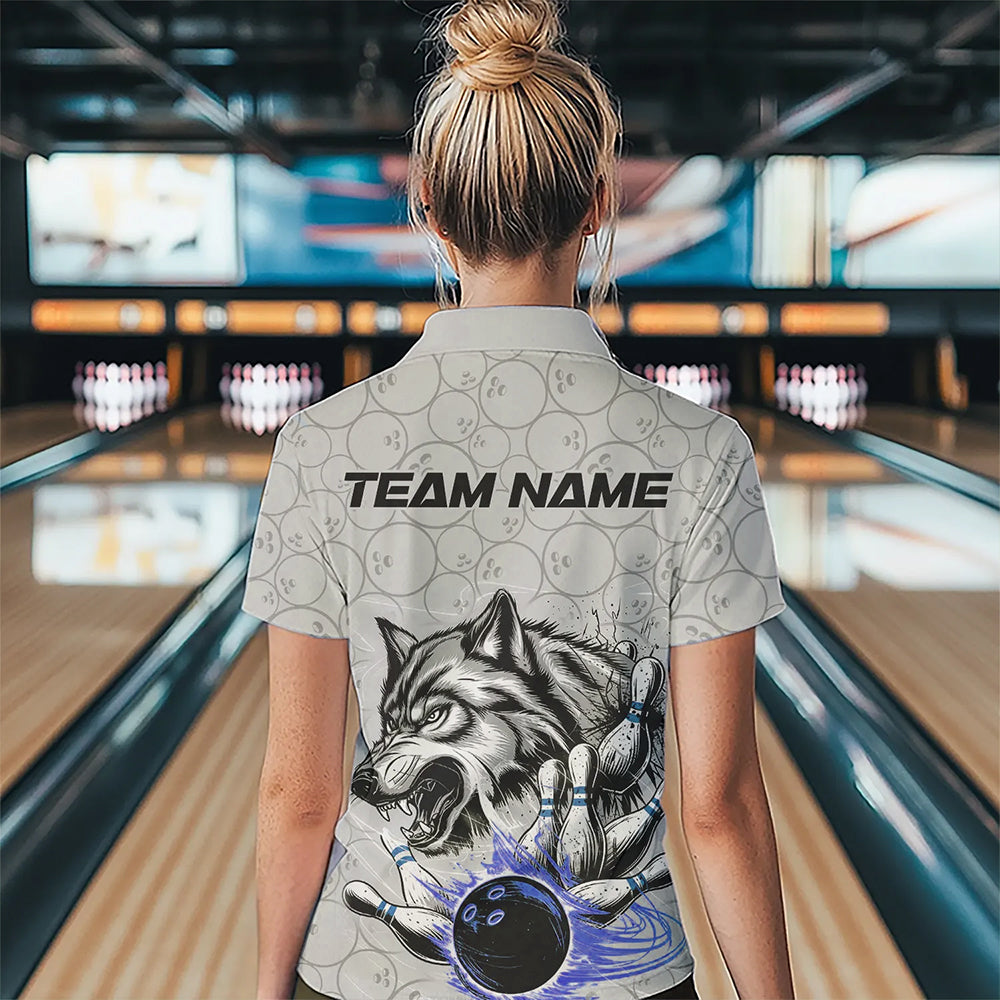 Custom Gray And Blue Wolf Bowling Womens Quarter-Zip Shirts, Wolf Bowling Tournament Shirt IPHW8718
