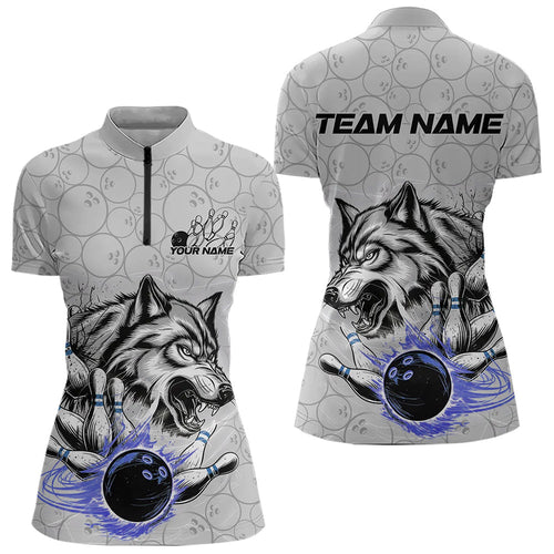 Custom Gray And Blue Wolf Bowling Womens Quarter-Zip Shirts, Wolf Bowling Tournament Shirt IPHW8718