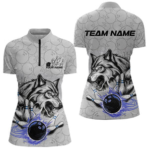 Custom Gray And Blue Wolf Bowling Womens Quarter-Zip Shirts, Wolf Bowling Tournament Shirt IPHW8718