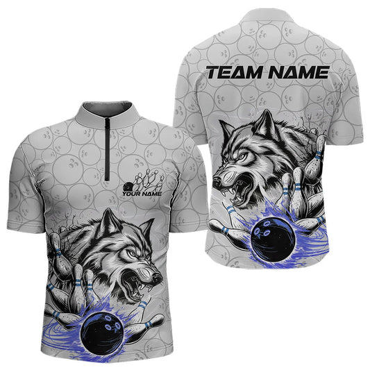Custom Gray And Blue Wolf Bowling Quarter-Zip Shirts For Men, Wolf Bowling Tournament Shirt IPHW8718