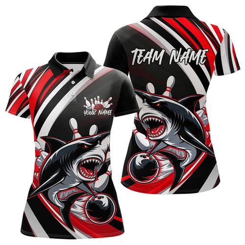 Custom Black And Red Shark Bowling Polo Shirts For Women,  Shark Bowling Team Jerseys IPHW8722