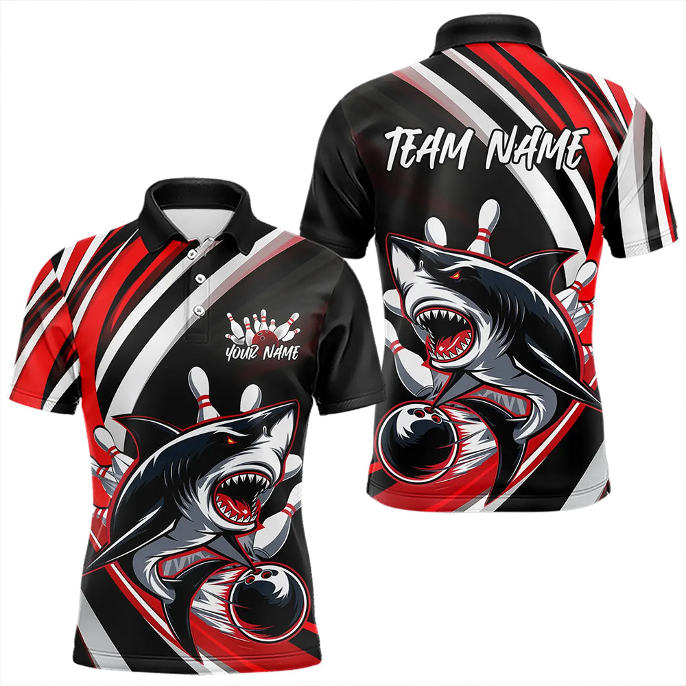 Custom Black And Red Shark Bowling Polo Shirts For Men,  Shark Bowling Team Jerseys IPHW8722