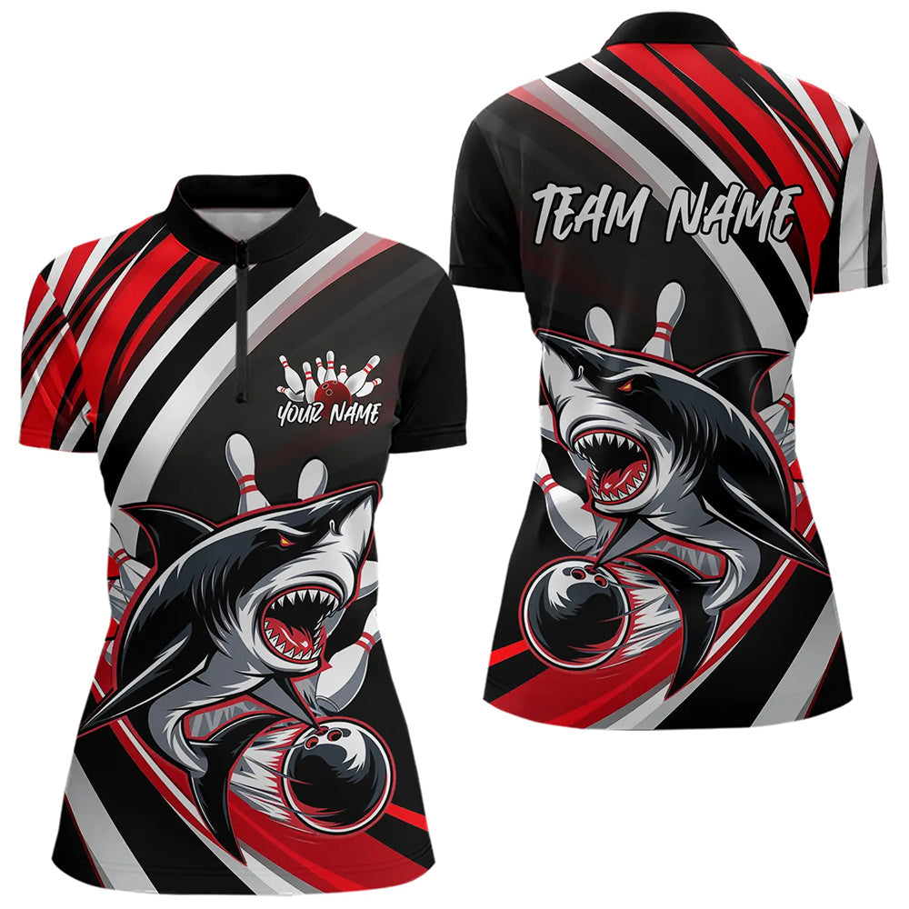Custom Black And Red Shark Bowling Quarter-Zip Shirt For Women,  Shark Bowling Team Jerseys IPHW8722