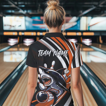 Custom Black And Orange Shark Bowling Women Quarter-Zip Shirts,  Shark Bowling Team Jerseys IPHW8723