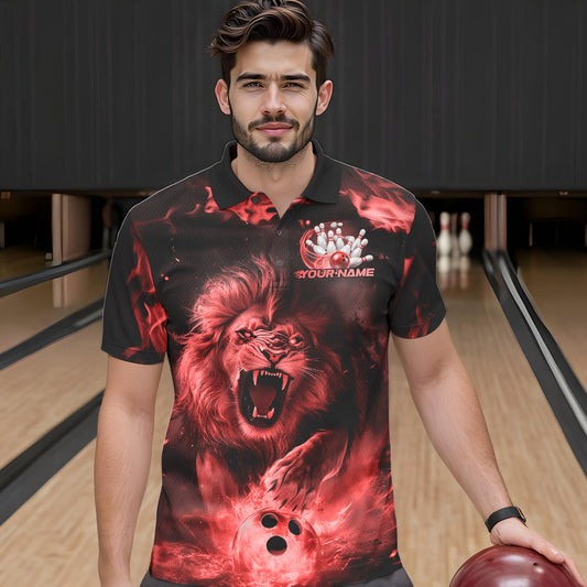 Custom Red Flame Lion Bowling Polo Shirts For Men, Bowling League Shirt Team Uniform IPHW8981