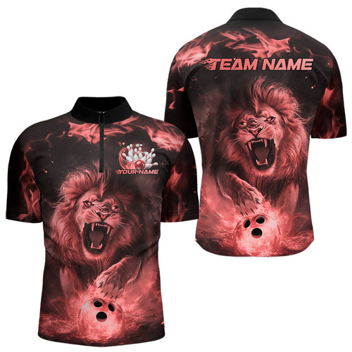 Custom Red Flame Lion Bowling Quarter-Zip Shirts For Men, Bowling League Shirt Team Uniform IPHW8981