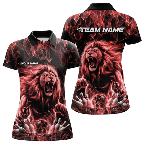 Custom Black And Red Flame Lion Bowling Women Polo Shirts, Lion Bowling Team Uniform IPHW8983