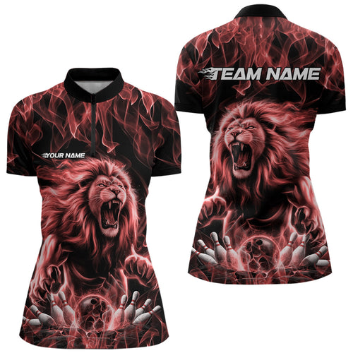 Custom Black And Red Flame Lion Bowling Women Quarter-Zip Shirts, Lion Team Uniform IPHW8983