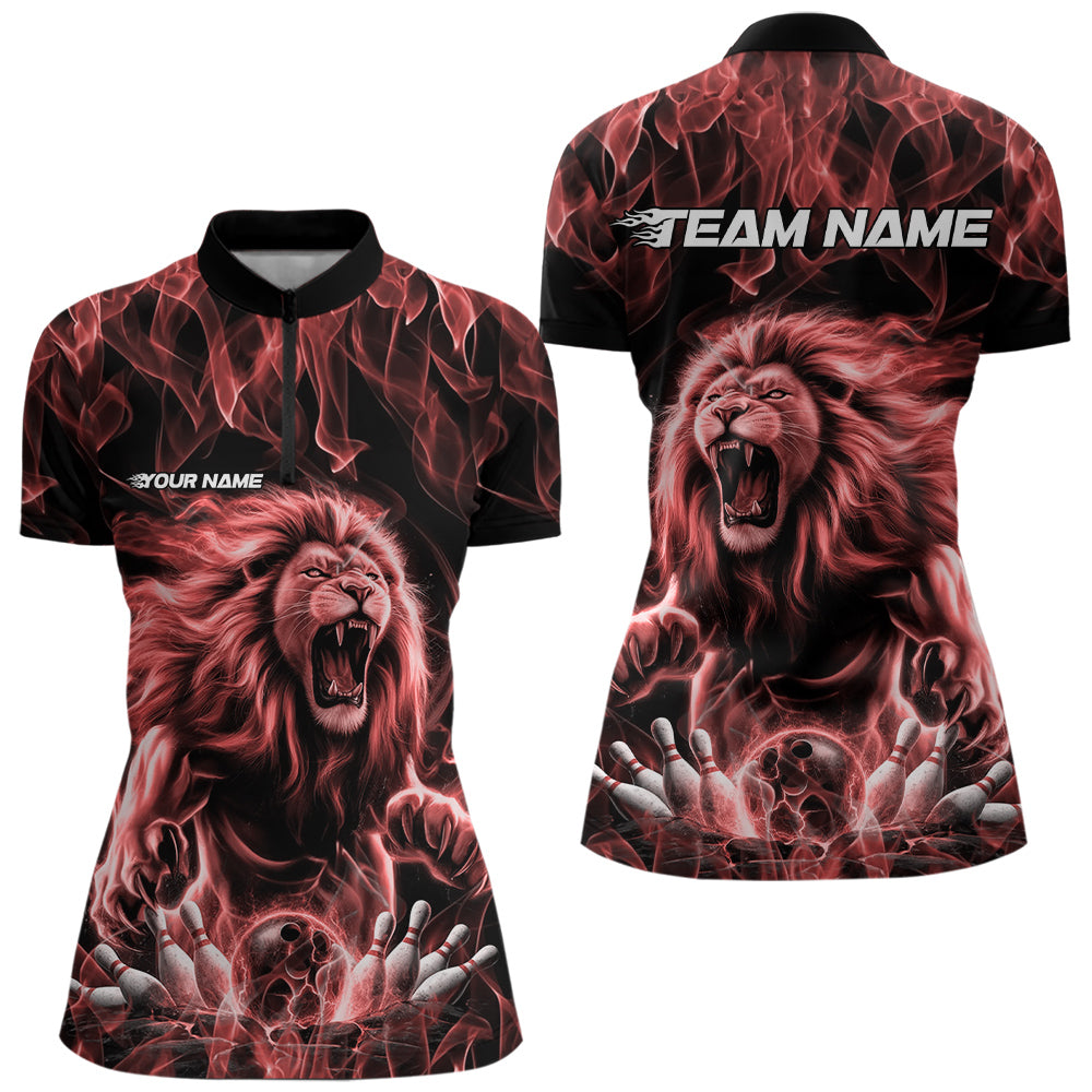 Custom Black And Red Flame Lion Bowling Women Quarter-Zip Shirts, Lion Team Uniform IPHW8983