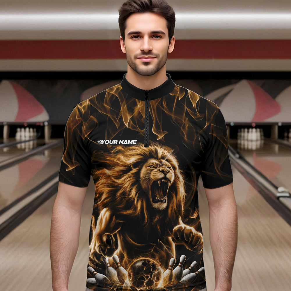 Custom Black And Yellow Flame Lion Bowling Men Quarter-Zip Shirts, Lion Bowling Team Uniform IPHW8984