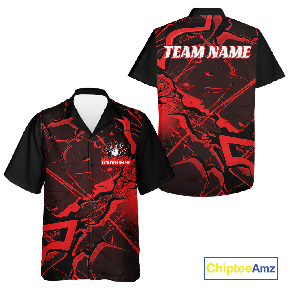 Black and red button-up bowling shirt shown front and back with angular cracked geometric pattern graphics.
