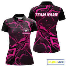 Load image into Gallery viewer, Front and back womens black and pink bowling polo featuring a cracked geometric pattern with angular styling.