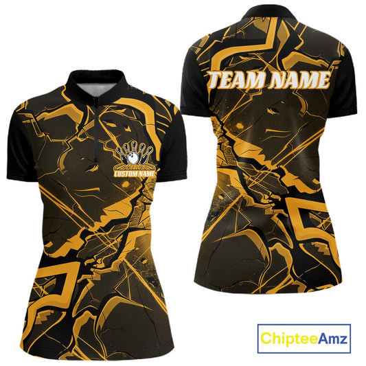 Front and back views of a womens bowling quarter-zip featuring a black and yellow cracked geometric pattern and modern angular styling.
